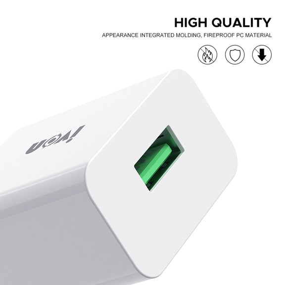 IVON AD-35 2 in 1 18W QC3.0 USB Port Travel Charger + 1m USB to Micro USB Data Cable Set, EU Plug(White)