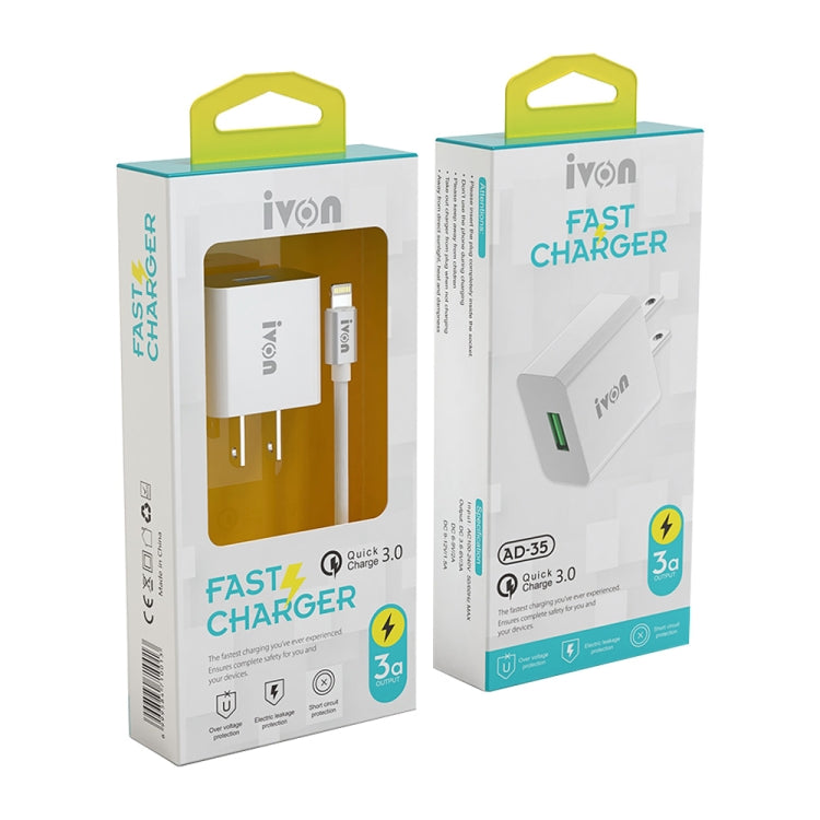 IVON AD-35 2 in 1 18W QC3.0 USB Port Travel Charger + 1m USB to Micro USB Data Cable Set, US Plug(White)