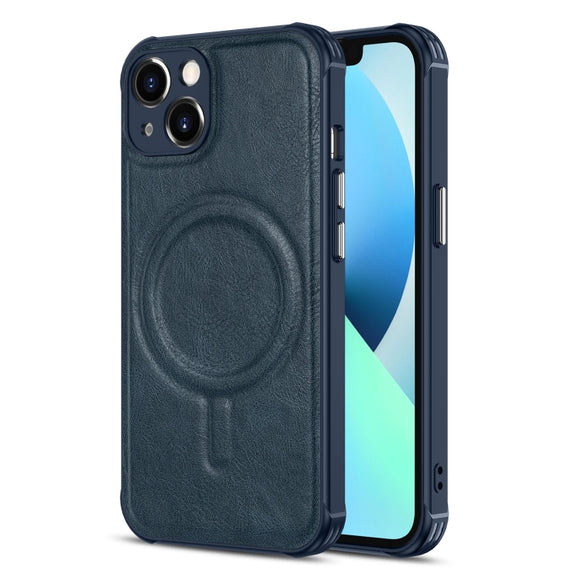 For iPhone 13 Crazy Horse Cowhide Leather Magnetic Phone Case(Blue)