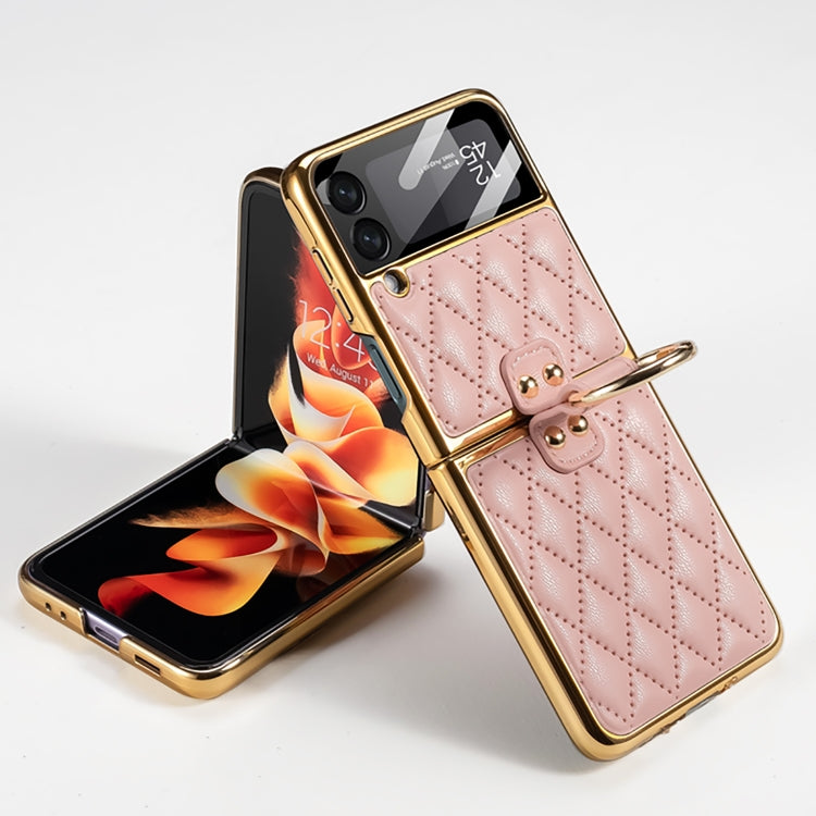 For Samsung Galaxy Z Flip3 5G GKK Integrated Plating + Leather Phone Case with Ring(Pink)