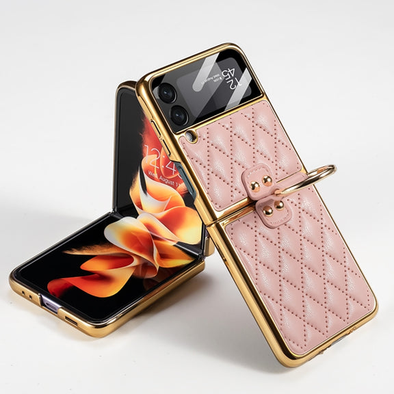 For Samsung Galaxy Z Flip3 5G GKK Integrated Plating + Leather Phone Case with Ring(Pink)