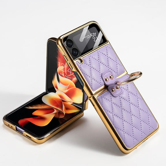 For Samsung Galaxy Z Flip3 5G GKK Integrated Plating + Leather Phone Case with Ring(Purple)