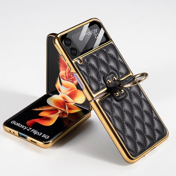 For Samsung Galaxy Z Flip3 5G GKK Integrated Plating + Leather Phone Case with Ring(Black)