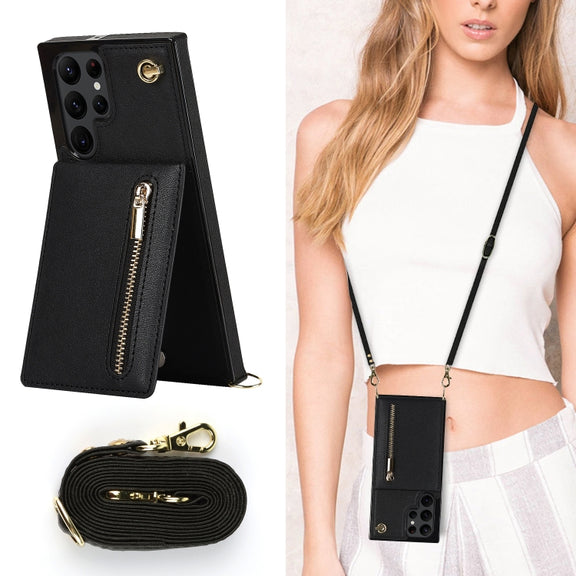 For Samsung Galaxy S22 Ultra 5G Cross-body Square Zipper Card Holder Bag Phone Case(Black)