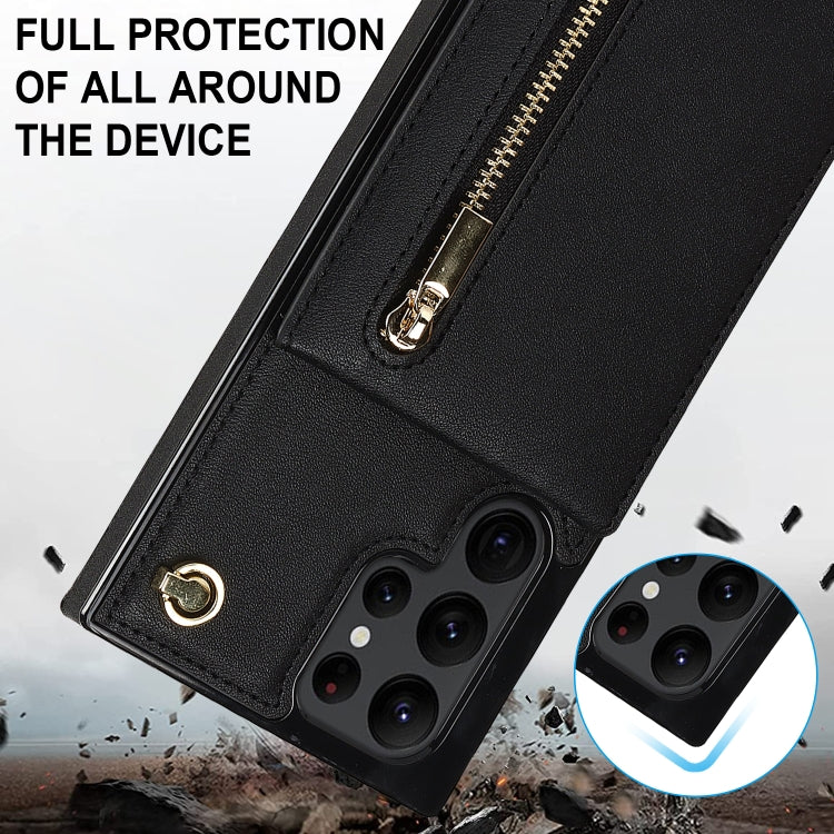 For Samsung Galaxy S22 Ultra 5G Cross-body Square Zipper Card Holder Bag Phone Case(Black)
