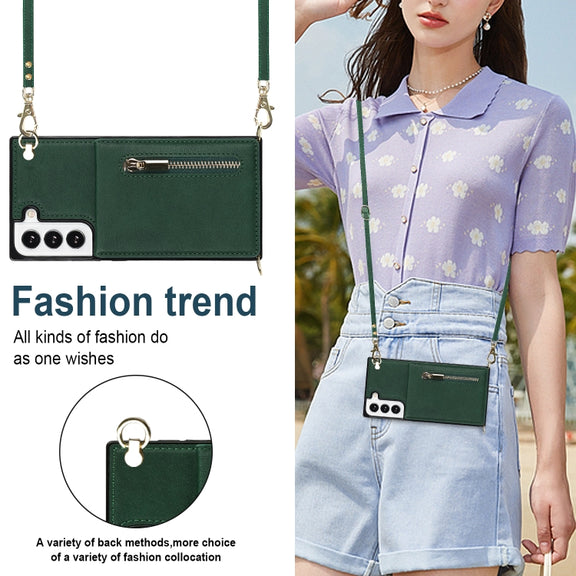 For Samsung Galaxy S21 FE 5G Cross-body Square Zipper Card Holder Bag Phone Case(Green)