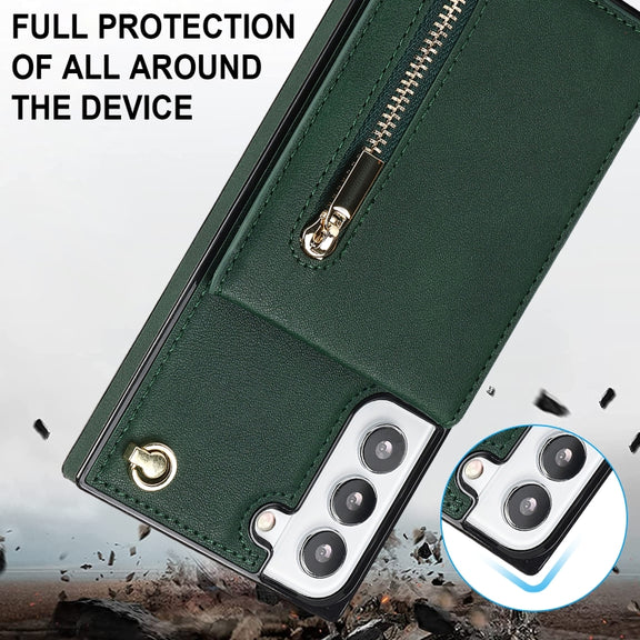 For Samsung Galaxy S21 FE 5G Cross-body Square Zipper Card Holder Bag Phone Case(Green)