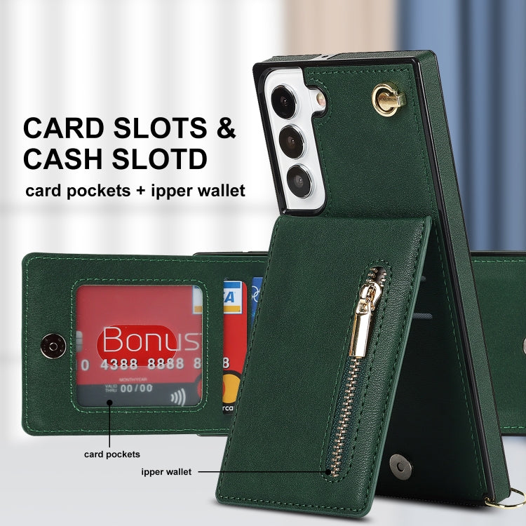 For Samsung Galaxy S21 FE 5G Cross-body Square Zipper Card Holder Bag Phone Case(Green)