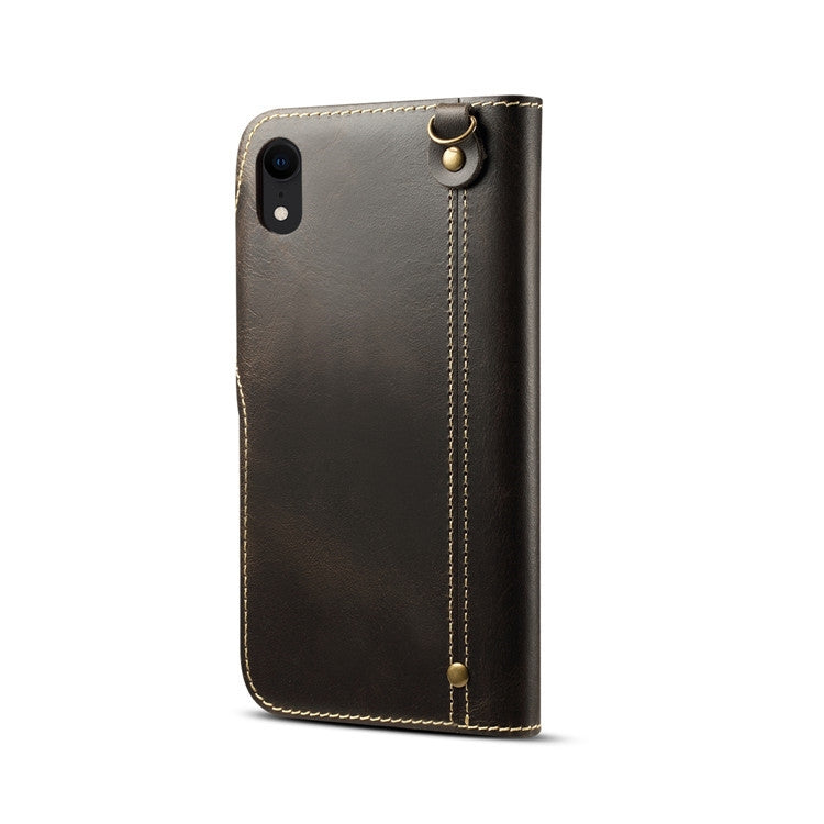 For iPhone XR Denior Oil Wax Cowhide Magnetic Button Horizontal Flip Leather Case with Card Slots & Wallet(Black)