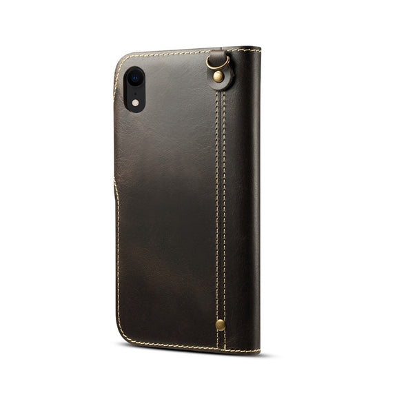 For iPhone XR Denior Oil Wax Cowhide Magnetic Button Horizontal Flip Leather Case with Card Slots & Wallet(Black)