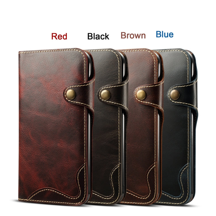 For iPhone XR Denior Oil Wax Cowhide Magnetic Button Horizontal Flip Leather Case with Card Slots & Wallet(Black)