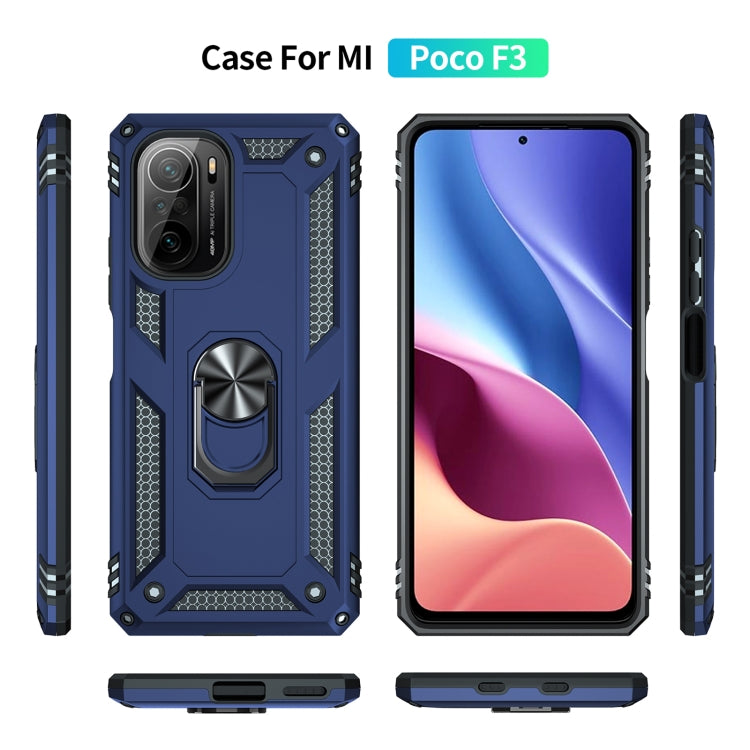 For Xiaomi Poco F3 Shockproof TPU + PC Phone Case with 360 Degree Rotating Holder(Blue)