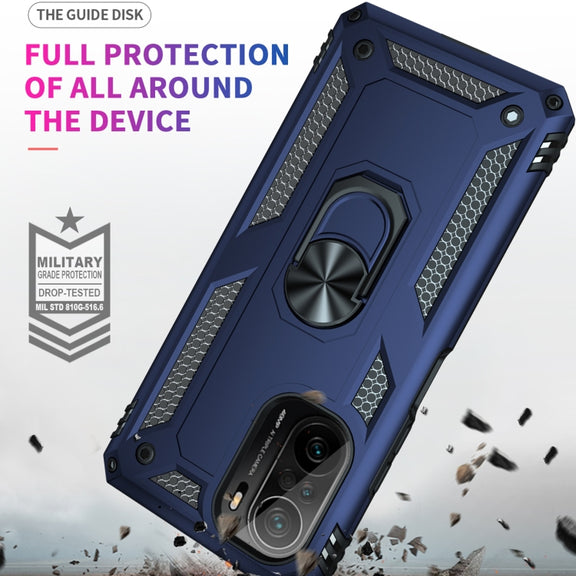 For Xiaomi Poco F3 Shockproof TPU + PC Phone Case with 360 Degree Rotating Holder(Blue)