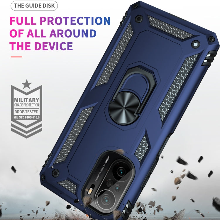 For Xiaomi Poco F3 Shockproof TPU + PC Phone Case with 360 Degree Rotating Holder(Blue)