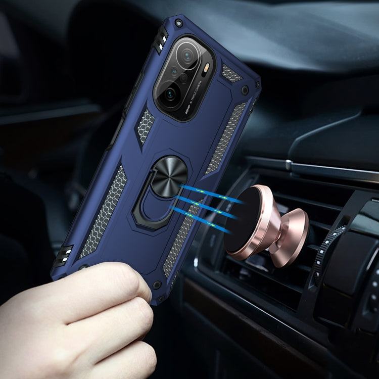 For Xiaomi Poco F3 Shockproof TPU + PC Phone Case with 360 Degree Rotating Holder(Blue)