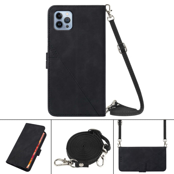 For iPhone 13 Pro Max Crossbody 3D Embossed Flip Leather Phone Case (Black)