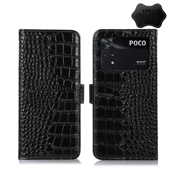 For Xiaomi Poco M4 Pro 4G Crocodile Top Layer Cowhide Leather Phone Case(Black)