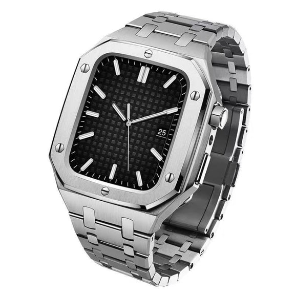 Integrated Oak Metal Watch Band + Watch Case For Apple Watch Series 7 45mm(Silver)