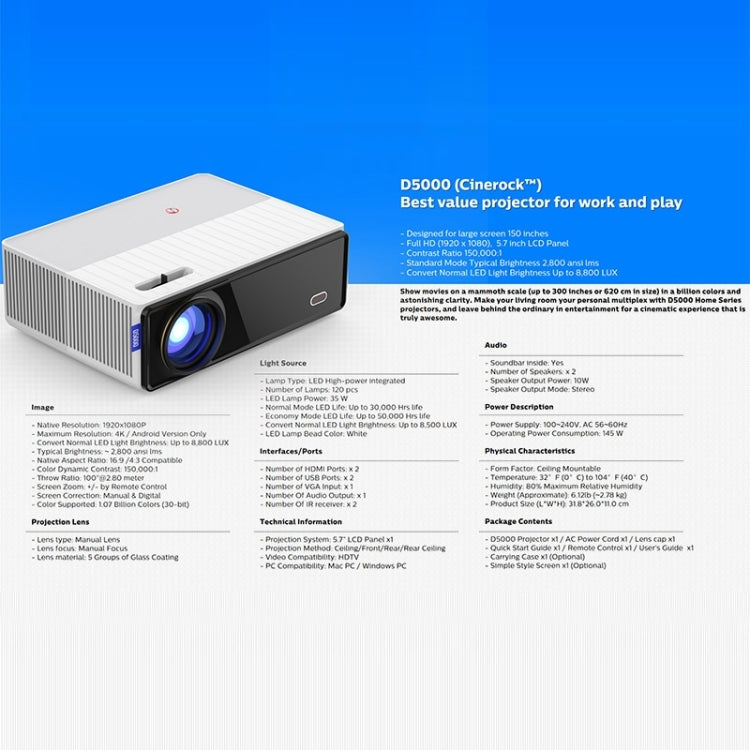 VIVIBRIGHT D5000 1920x1080P 420ANSI 6000Lumens LCD + LED HD Digital Projector, Basic Version UK Plug