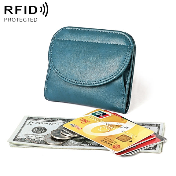 3537 Folding Short RFID Anti-Theft Genuine Leather Coin Purse for Ladies(Blue)