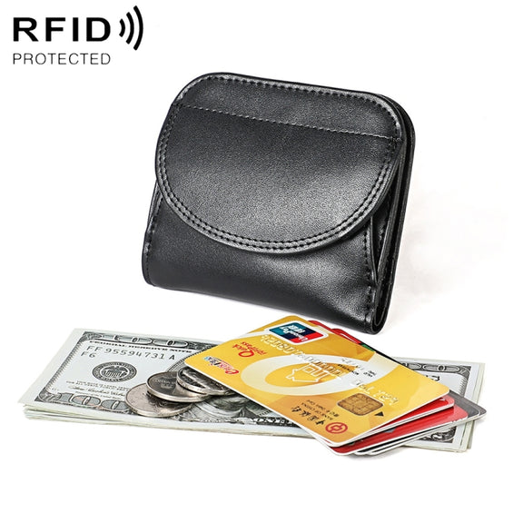 3537 Folding Short RFID Anti-Theft Genuine Leather Coin Purse for Ladies(Black)