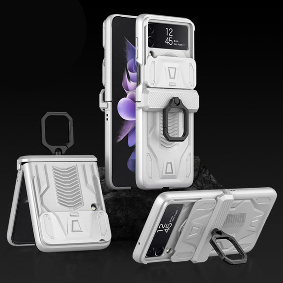 For Samsung Galaxy Z Flip3 5G GKK Sliding Camshield Magnetic Armor Flip Phone Case with Ring Holder(Silver)