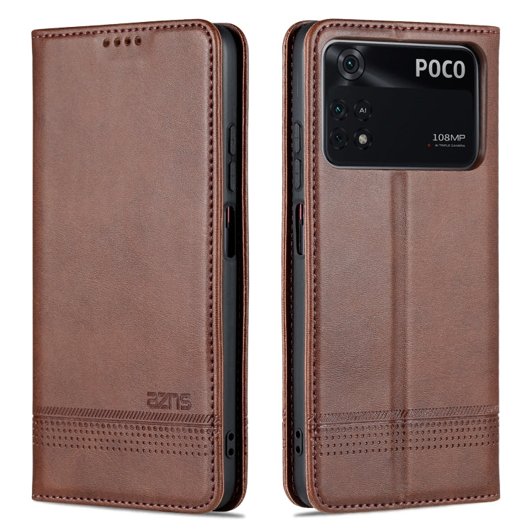 For Xiaomi POCO X4 Pro 5G AZNS Magnetic Calf Texture Leather Phone Case(Dark Brown)