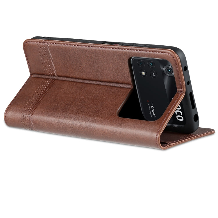 For Xiaomi POCO X4 Pro 5G AZNS Magnetic Calf Texture Leather Phone Case(Dark Brown)
