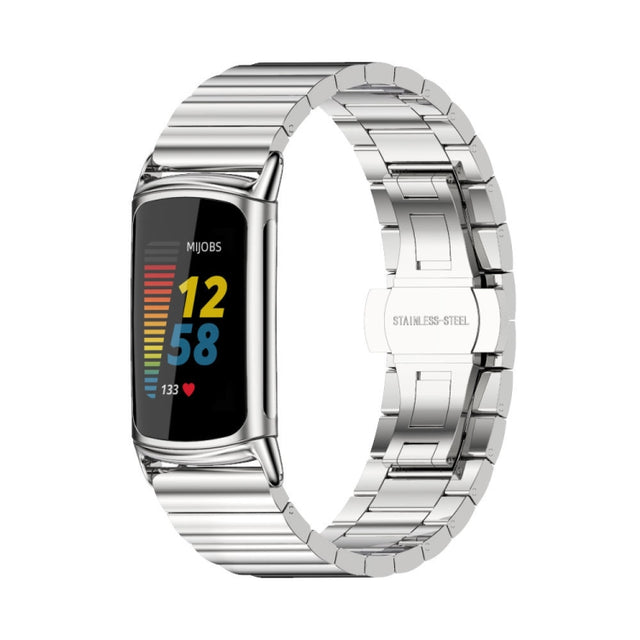 For Fitbit Charge 5 / Charge 6 Mijobs Bamboo Stainless Steel Metal Watch Band(Silver)
