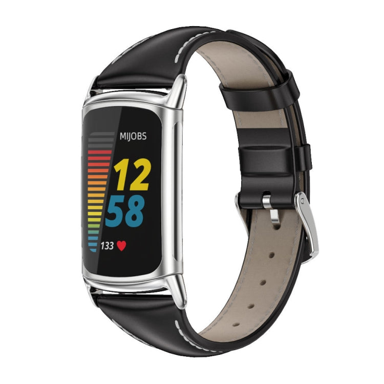 For Fitbit Charge 5 / Charge 6 Mijobs Genuine Leather Slim Watch Band(Black+Silver) - Watch Bands by MIJOBS