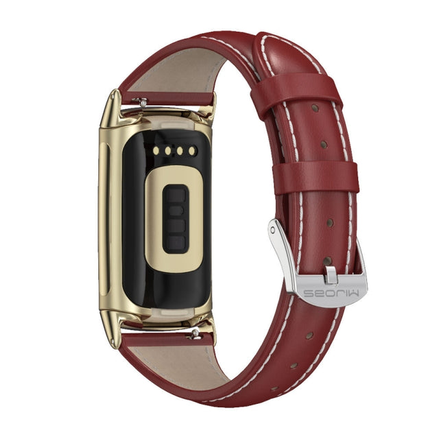 For Fitbit Charge 5 / Charge 6 Mijobs Genuine Leather Slim Watch Band(Red+Gold) - Watch Bands by MIJOBS
