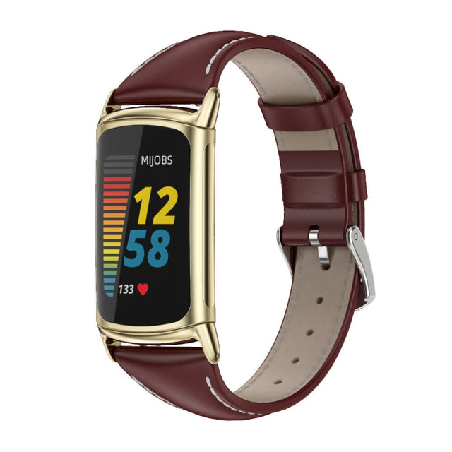 For Fitbit Charge 5 / Charge 6 Mijobs Genuine Leather Slim Watch Band(Wine Red+Gold) - Watch Bands by MIJOBS