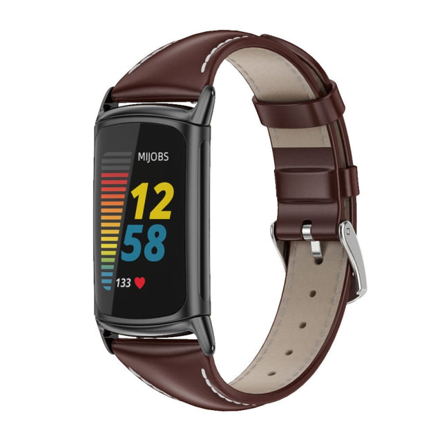 For Fitbit Charge 5 / Charge 6 Mijobs Genuine Leather Slim Watch Band(Coffee+Black) - Watch Bands by MIJOBS