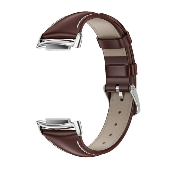 For Fitbit Charge 5 / Charge 6 Mijobs Genuine Leather Slim Watch Band(Coffee+Silver) - Watch Bands by MIJOBS
