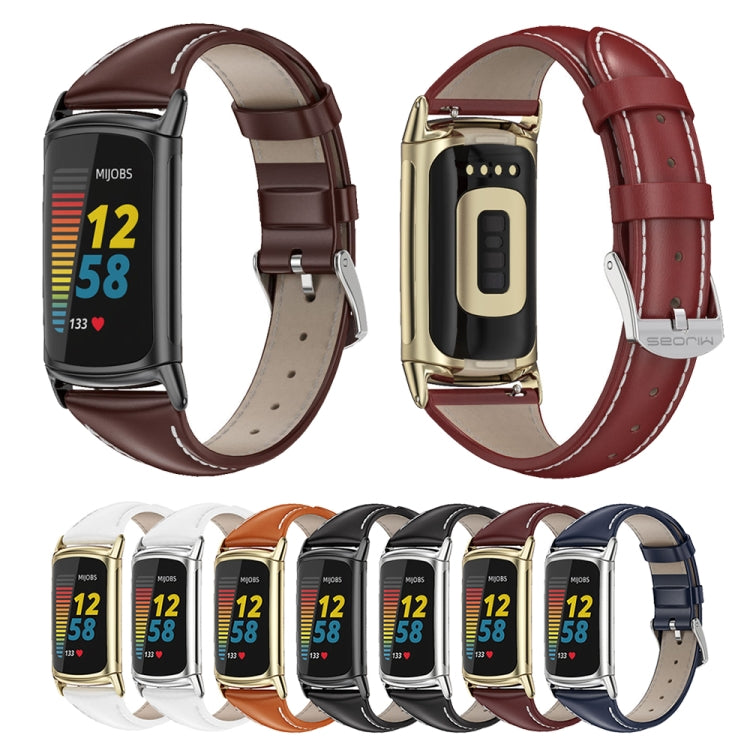 For Fitbit Charge 5 / Charge 6 Mijobs Genuine Leather Slim Watch Band(Wine Red+Gold) - Watch Bands by MIJOBS