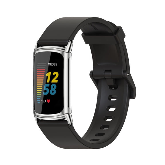For Fitbit Charge 5 / Charge 6 Mijobs Soft Silicone  Watch Band(Black+Silver)
