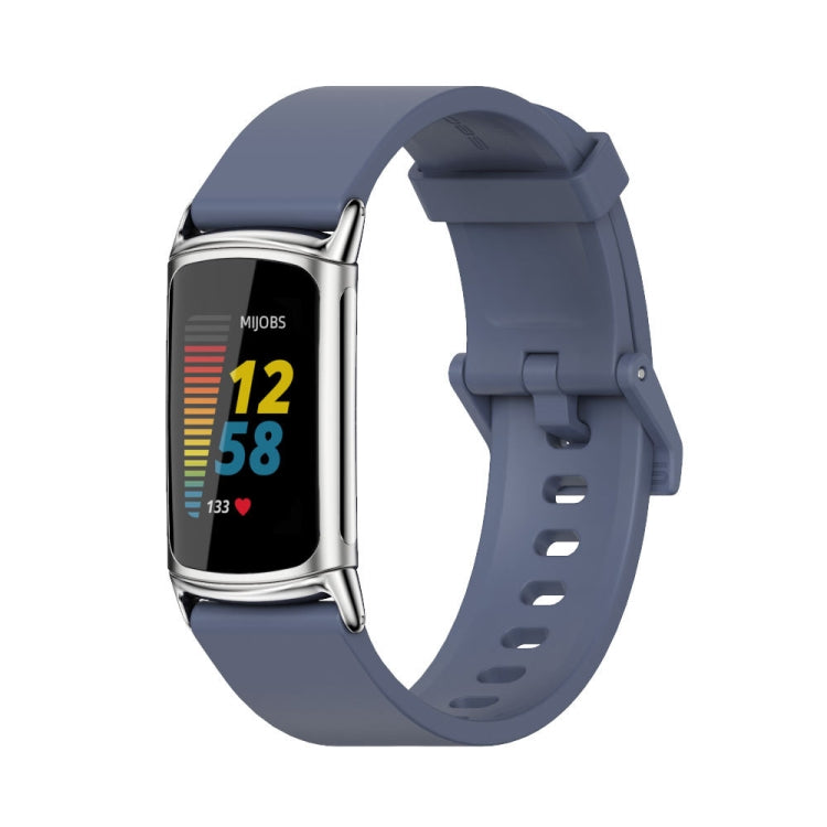 For Fitbit Charge 5 / Charge 6 Mijobs Soft Silicone  Watch Band(Blue+Silver)