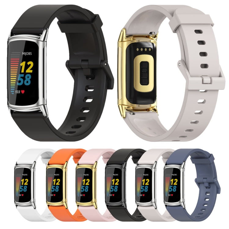 For Fitbit Charge 5 / Charge 6 Mijobs Soft Silicone  Watch Band(Blue+Silver)