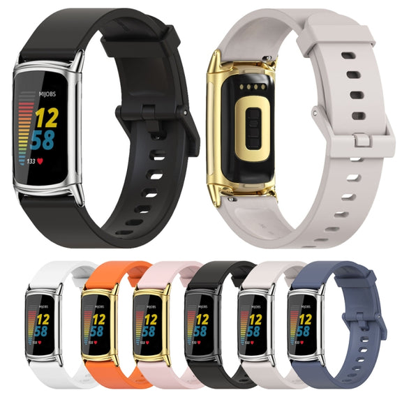 For Fitbit Charge 5 / Charge 6 Mijobs Soft Silicone  Watch Band(Blue+Silver)