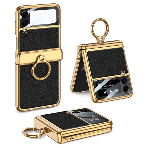For Samsung Galaxy Z Flip3 5G GKK Integrated Plating + Leather Flip Phone Case(Black)