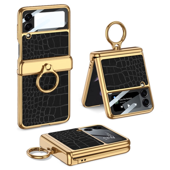 For Samsung Galaxy Z Flip3 5G GKK Integrated Plating + Leather Flip Phone Case(Crocodile Black)
