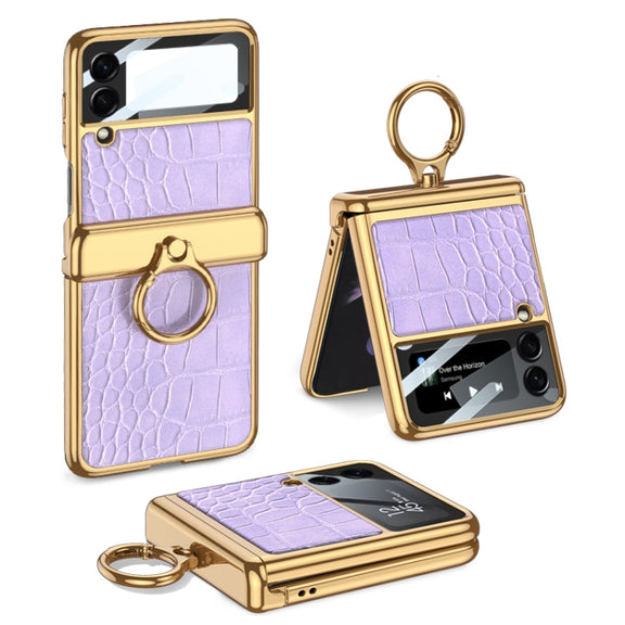 For Samsung Galaxy Z Flip3 5G GKK Integrated Plating + Leather Flip Phone Case(Crocodile Purple)