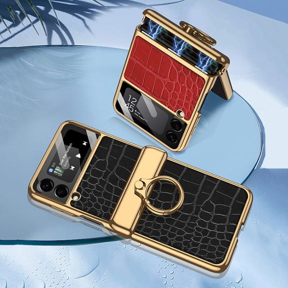 For Samsung Galaxy Z Flip3 5G GKK Integrated Plating + Leather Flip Phone Case(Crocodile Black)