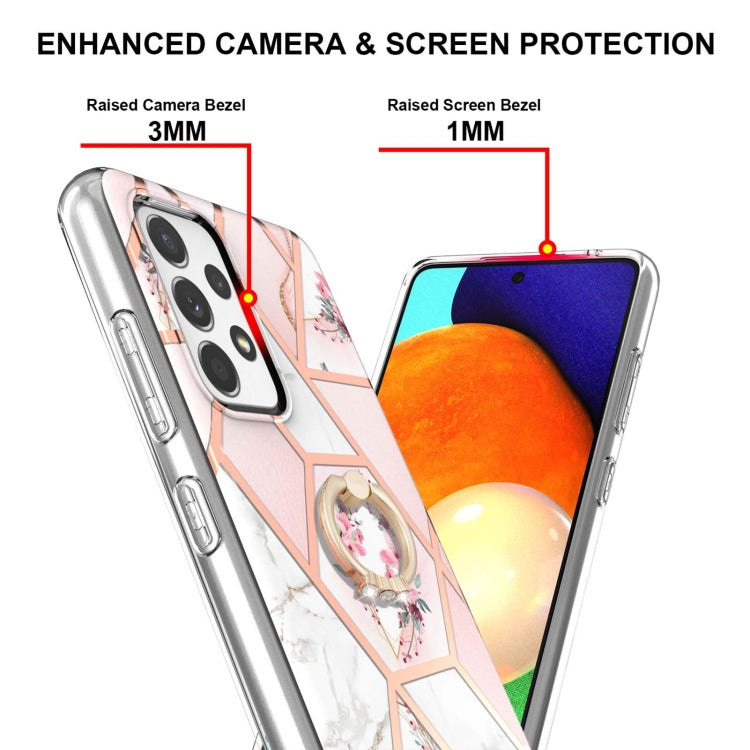 For Samsung Galaxy A73 5G Splicing Marble Flower Pattern TPU Ring Holder Case(Pink Flower)