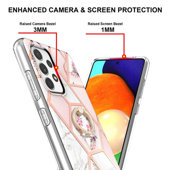 For Samsung Galaxy A73 5G Splicing Marble Flower Pattern TPU Ring Holder Case(Pink Flower)