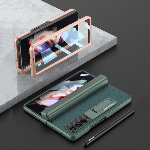 For Samsung Galaxy Z Fold3 5G GKK Magnetic Hinge Plain Leather Phone Flip Case with Pen Box(Cross Texture)