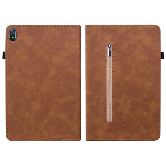 For Nokia T20 10.4 2021 Skin Feel Solid Color Zipper Leather Tablet Case(Brown)