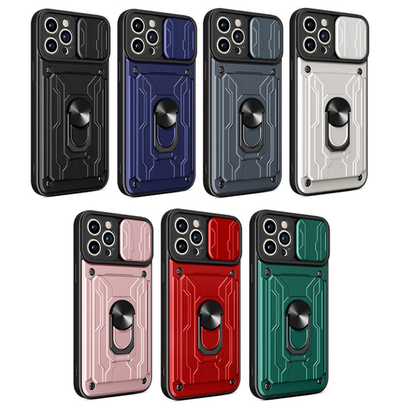 For iPhone 14 Pro Max Sliding Camshield TPU+PC Phone Case with Card Slot (Blue)