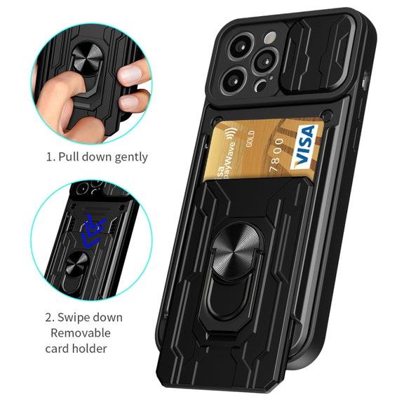 For iPhone 14 Pro Max Sliding Camshield TPU+PC Phone Case with Card Slot (Blue)