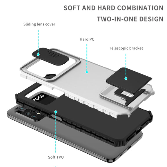 For Xiaomi Poco M4 Pro 4G Stereoscopic Holder Sliding Camshield Phone Case(White)